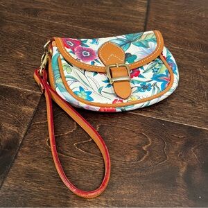 Floral Print Wristlet Clutch with Tan Trim and Gold Buckle